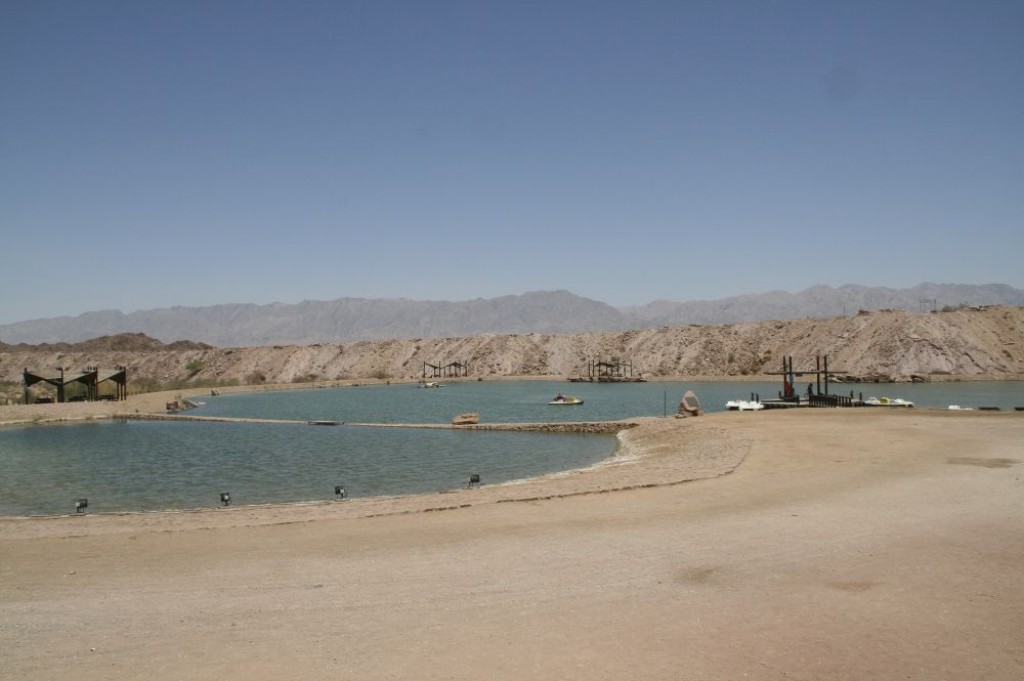 Timna Lake, an artificial lake in the middle of Timna National Park, where you can rent a canoe and paddle around this small pond.  No swimming, though.